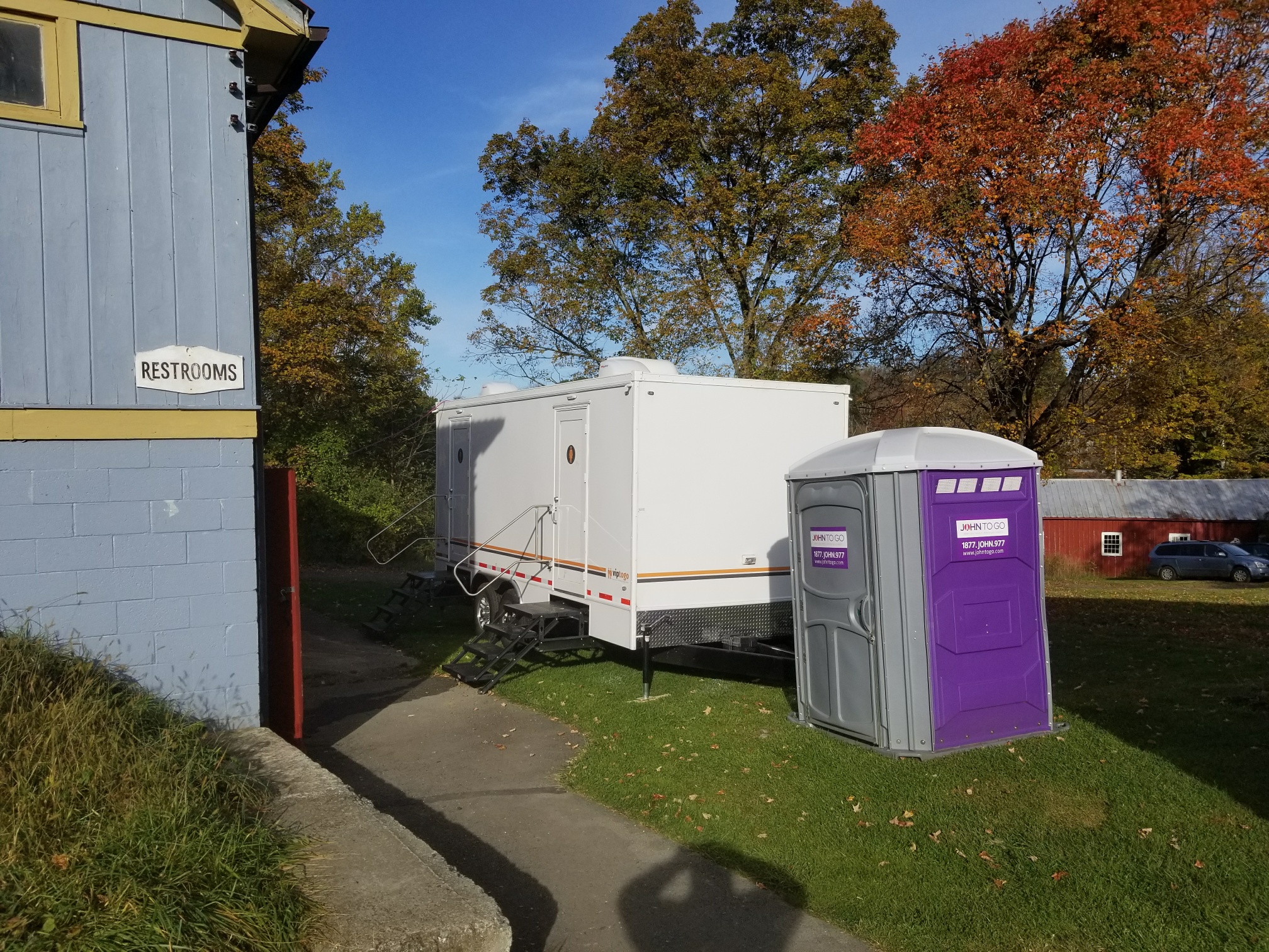 Eight Station Vegas Restroom Trailer, at the Museum Village, for a Halloween Event, in Monroe NY, with an ADA Portable Toilet 