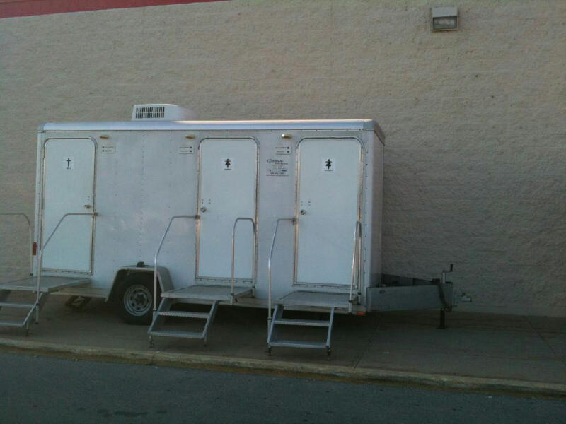 Three Station Stylish Restroom Trailer, at a Kmart Remodal, in Auburn ME 