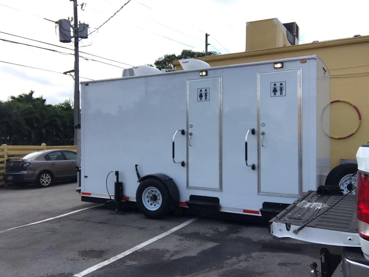 Restroom trailer at office building