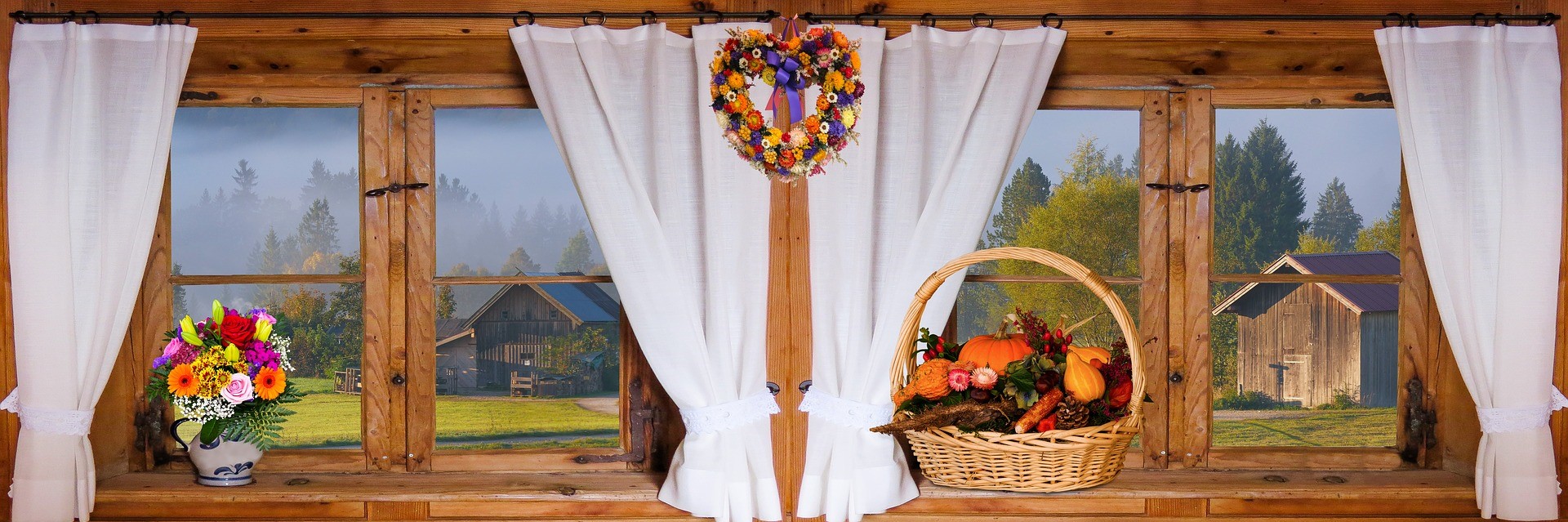 fall wreath and produce basket at window