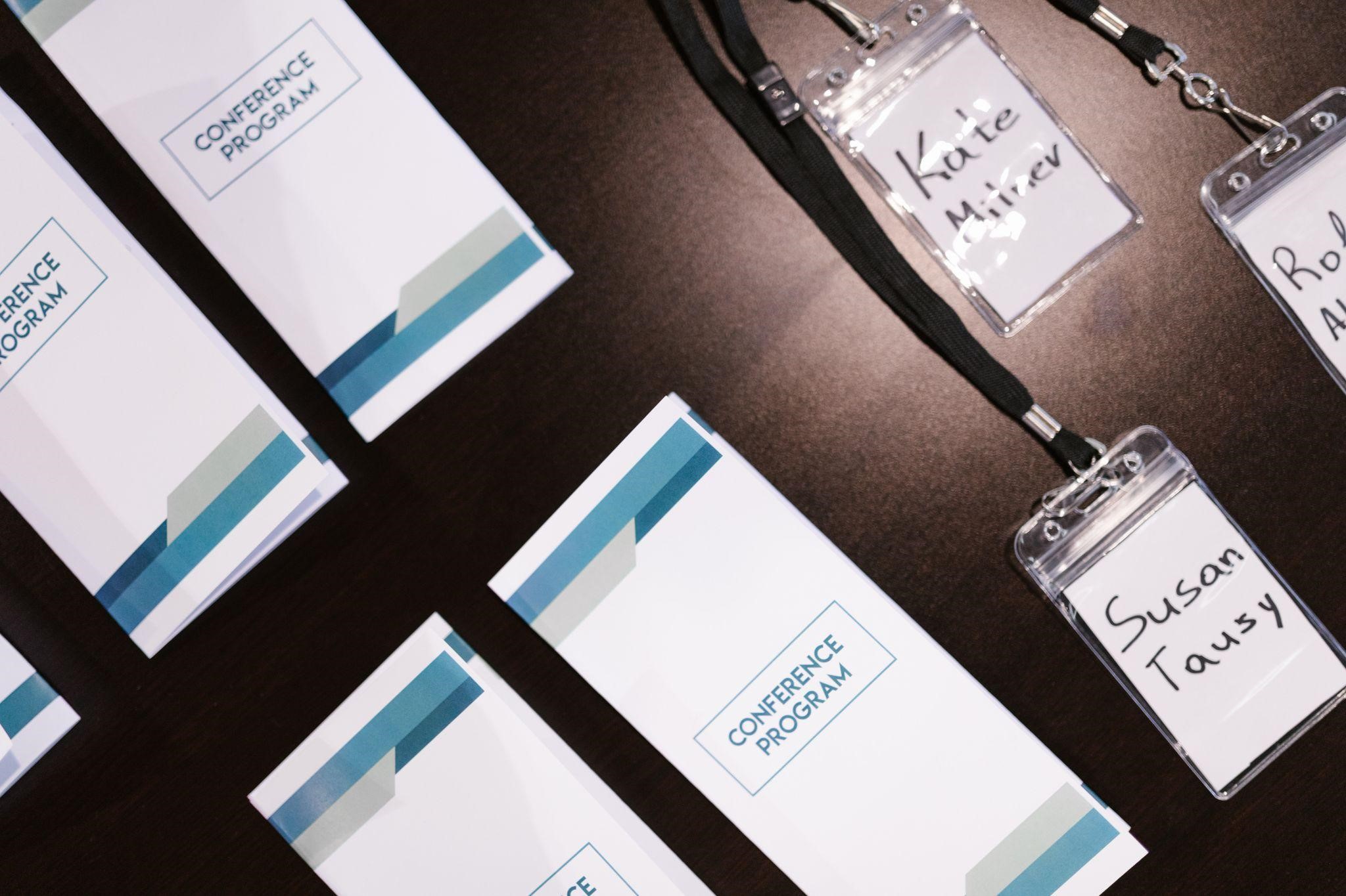 name tags and brochures for a corporate event