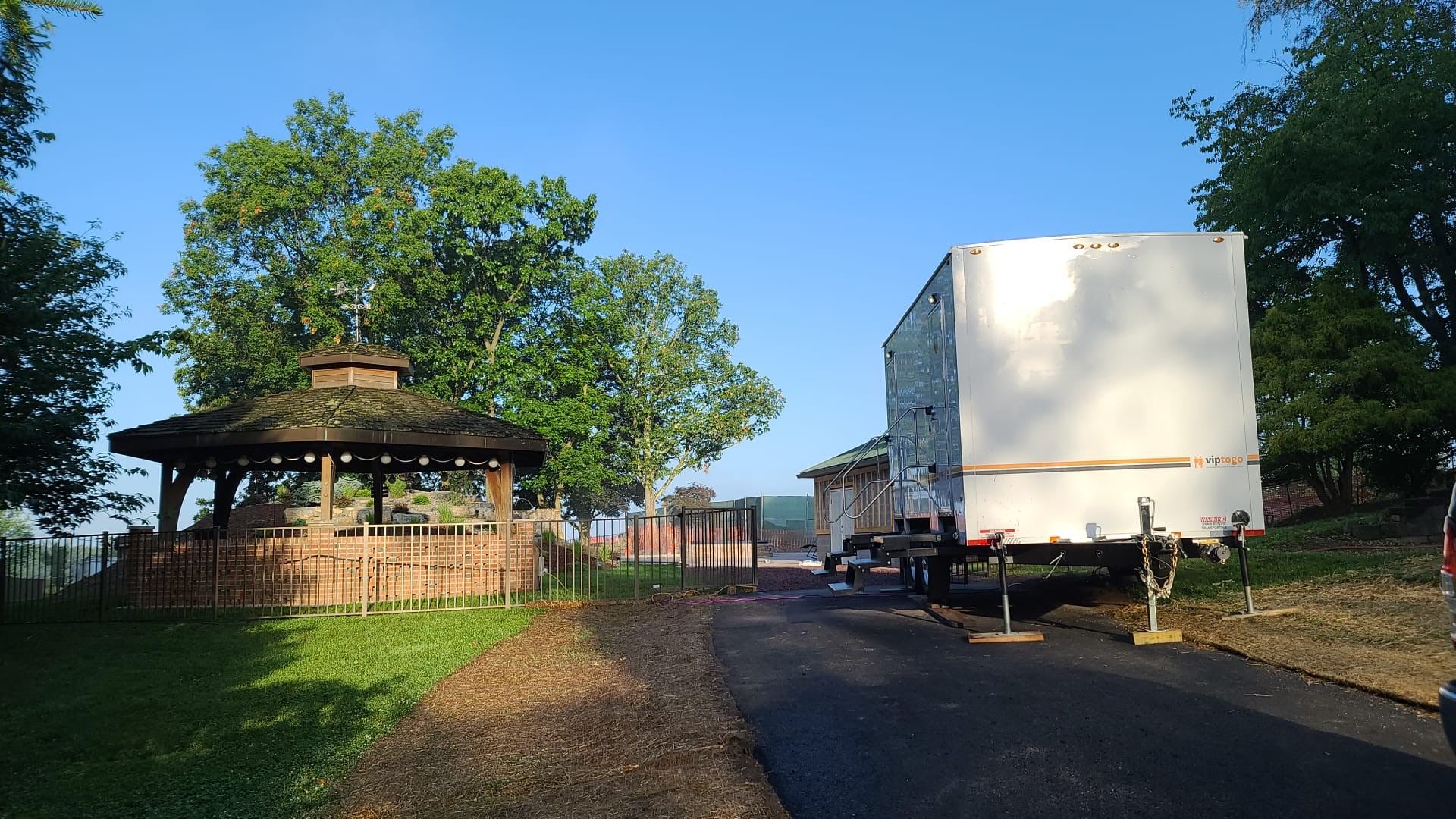 parked outdoor bathroom portable trailer