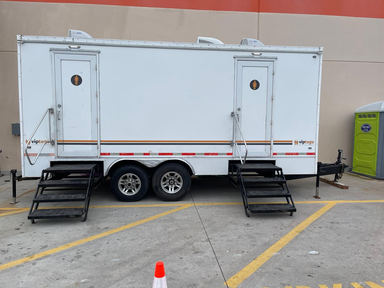 A restroom trailer outside a store location