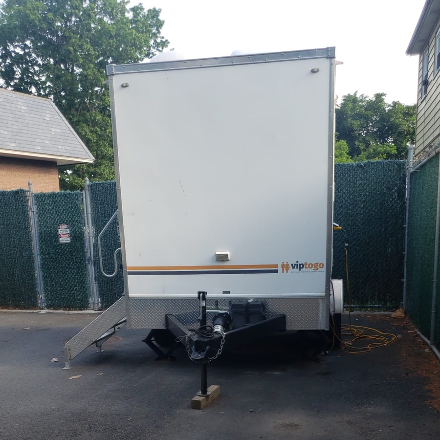  Two station restroom trailer, in parking lot, in Richmond County, NY