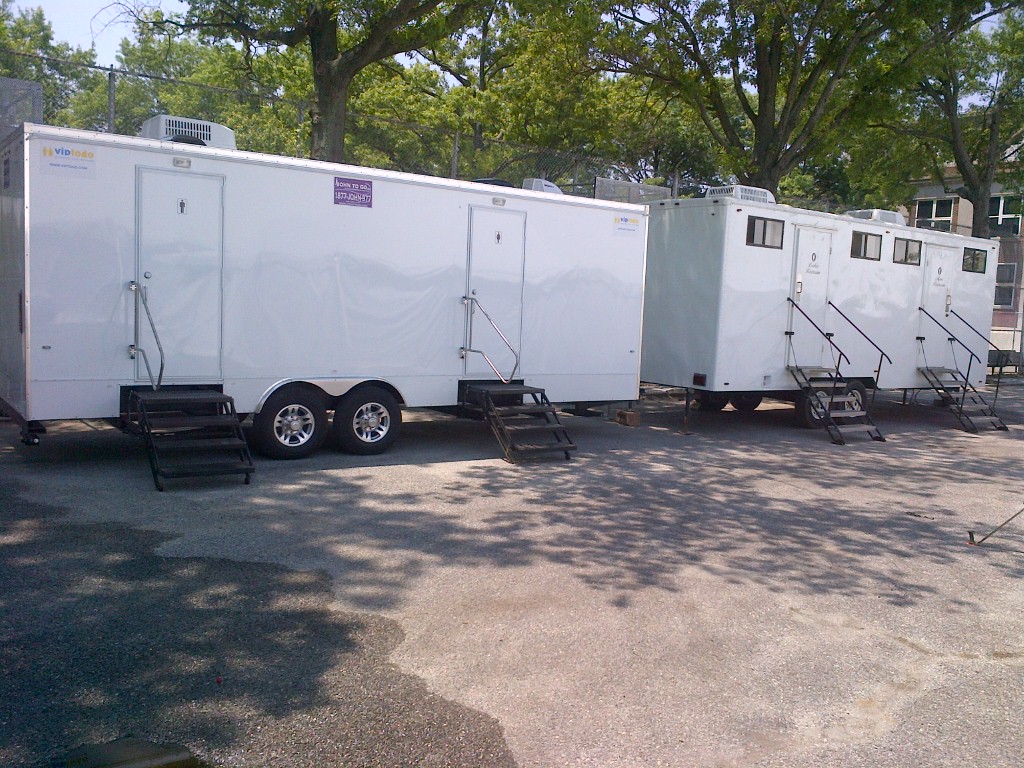 Climate-controlled restroom trailers