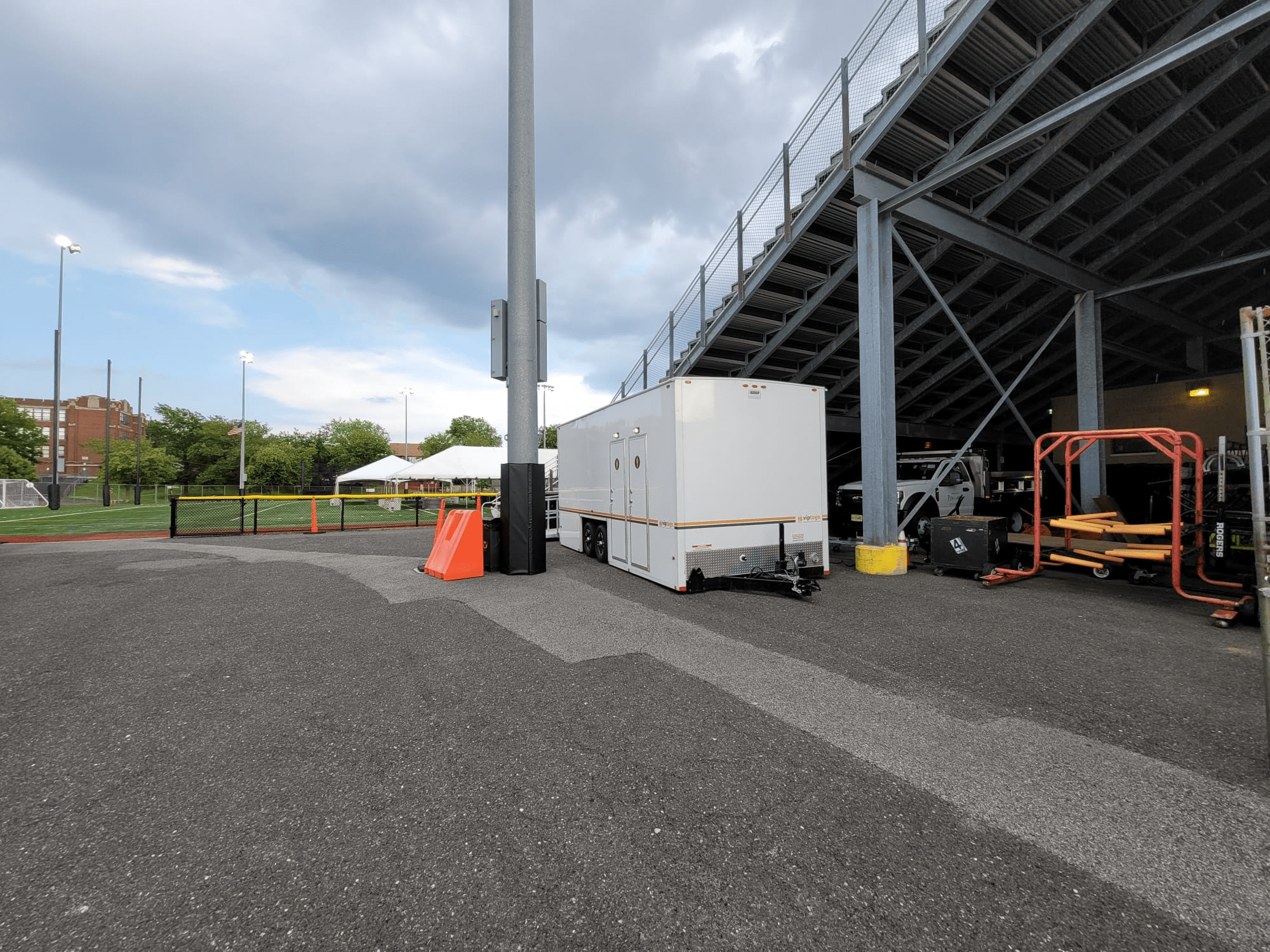 restroom trailer positioned at an outdoor facility