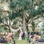 An outdoor wedding with guests present
