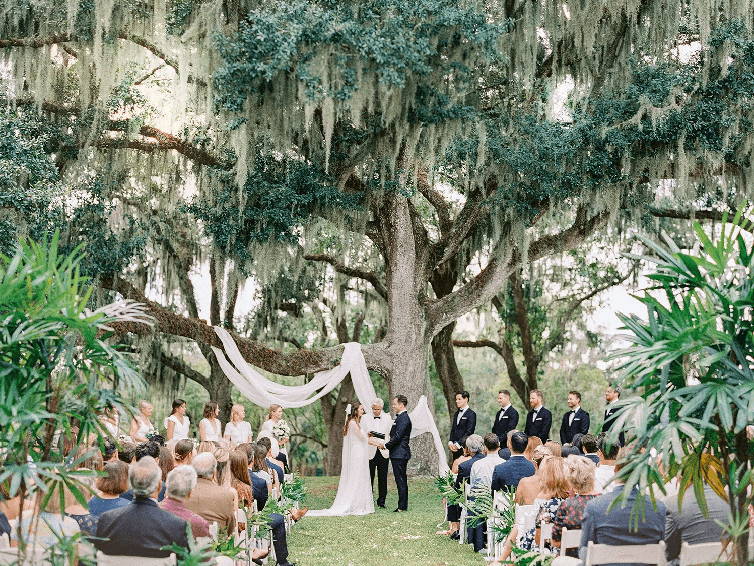 An outdoor wedding with guests present