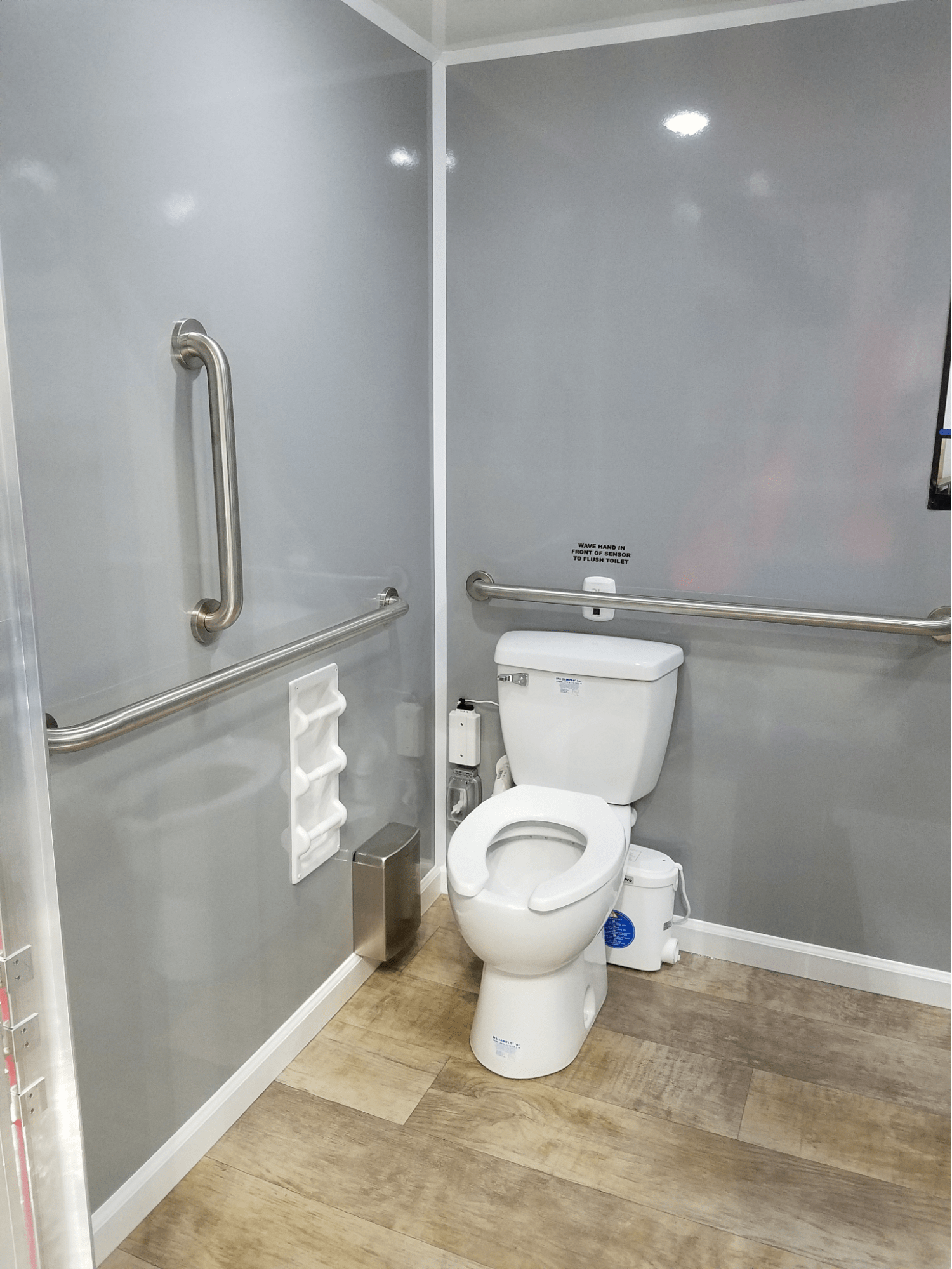 Interior of a portable handicap bathroom trailer Interior of a portable handicap bathroom trailer
