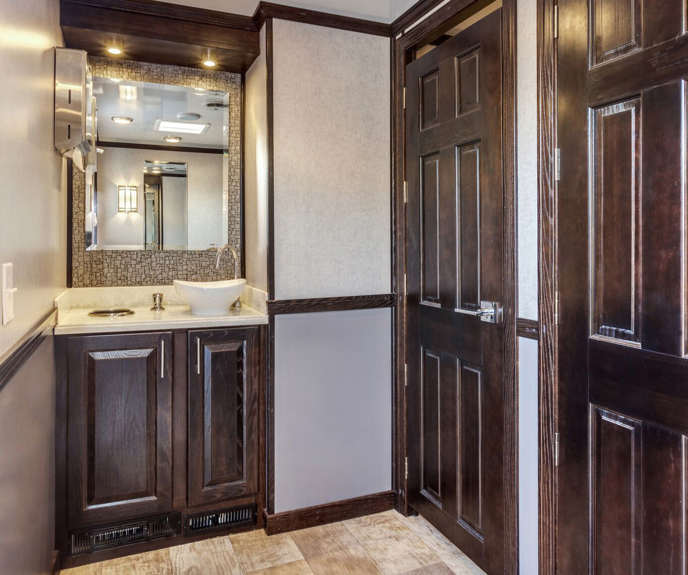 Interior of a portable toilet restroom trailer