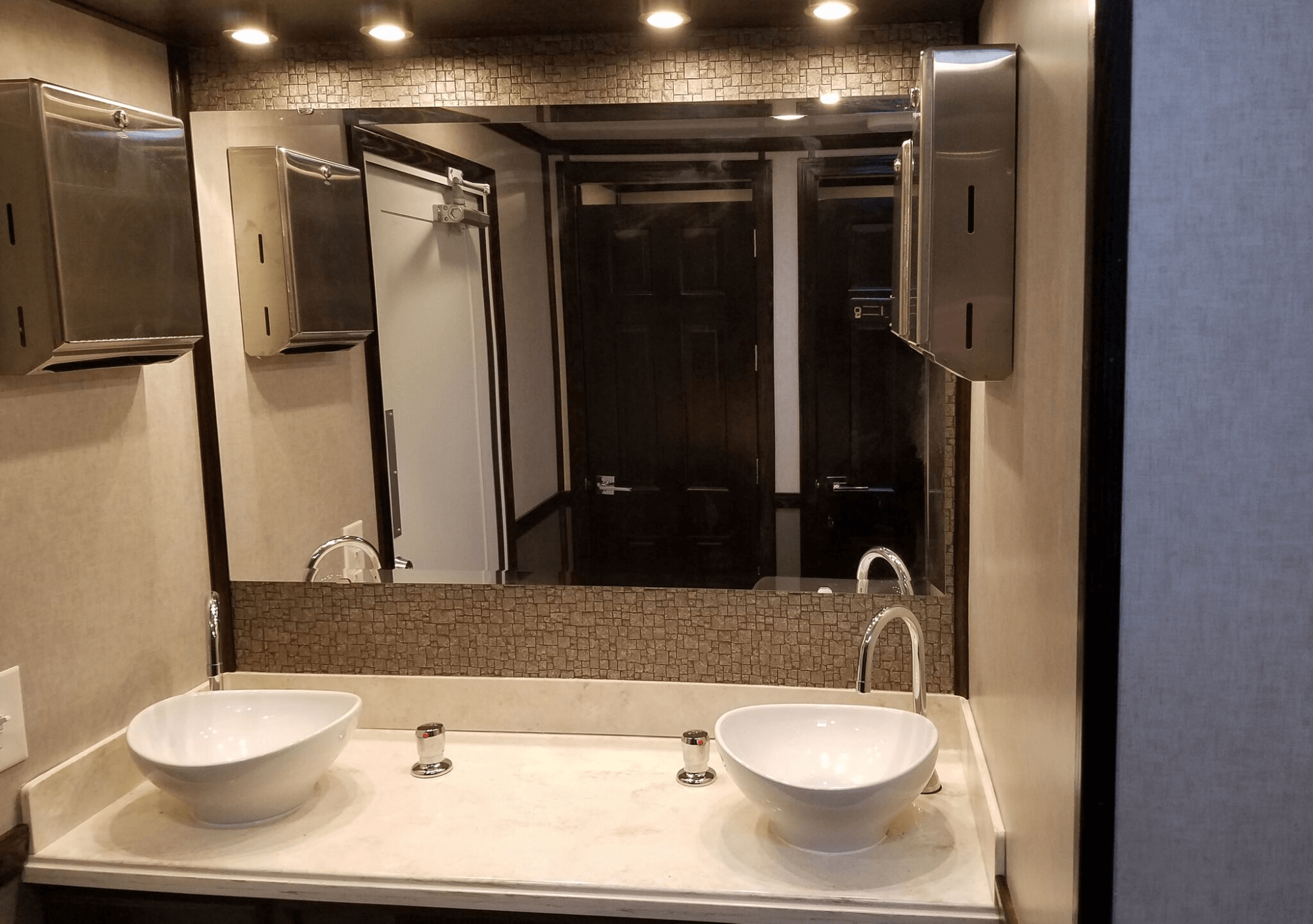 Interior of a portable toilet restroom trailer