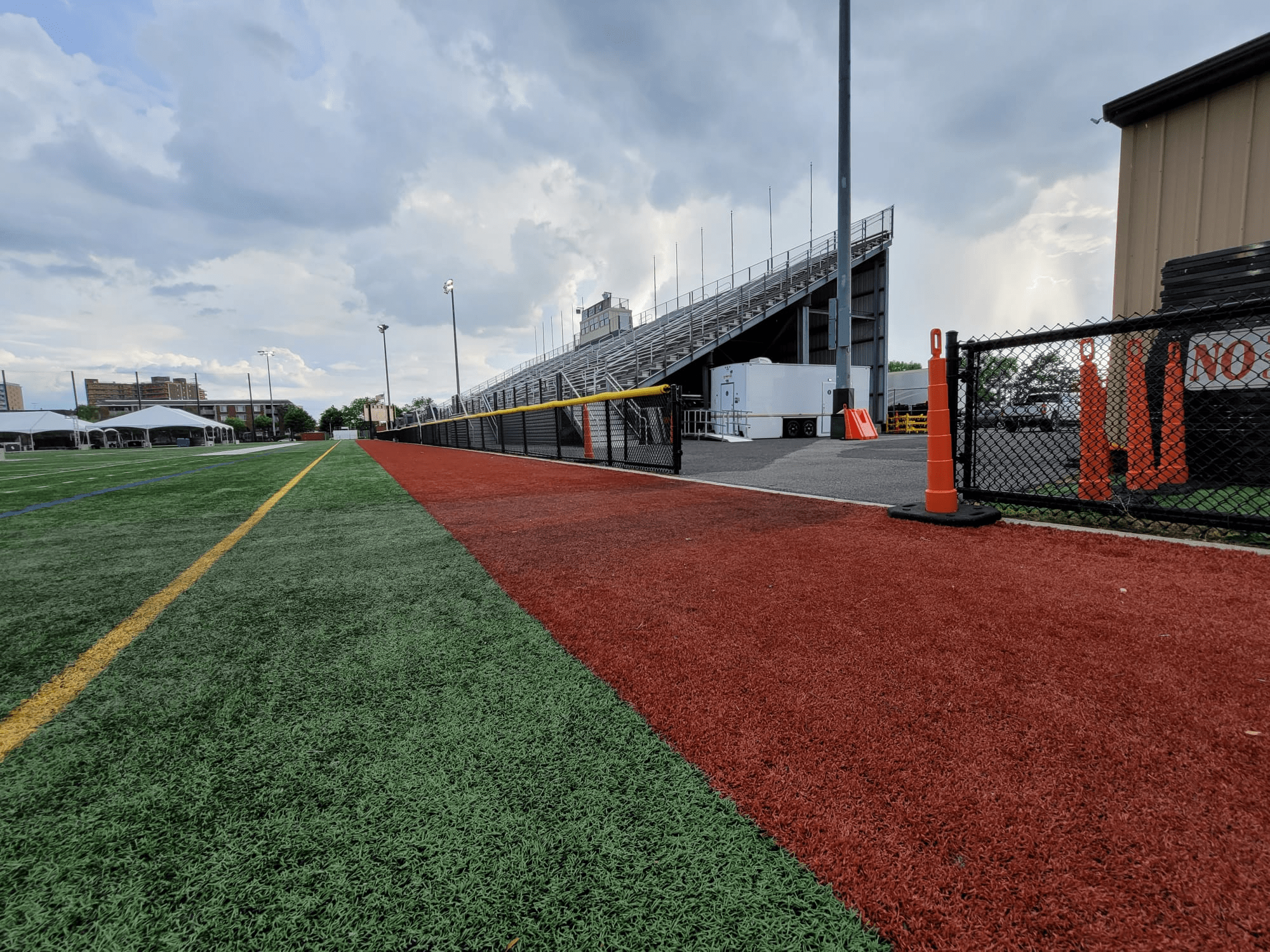 Restroom trailers at a stadium