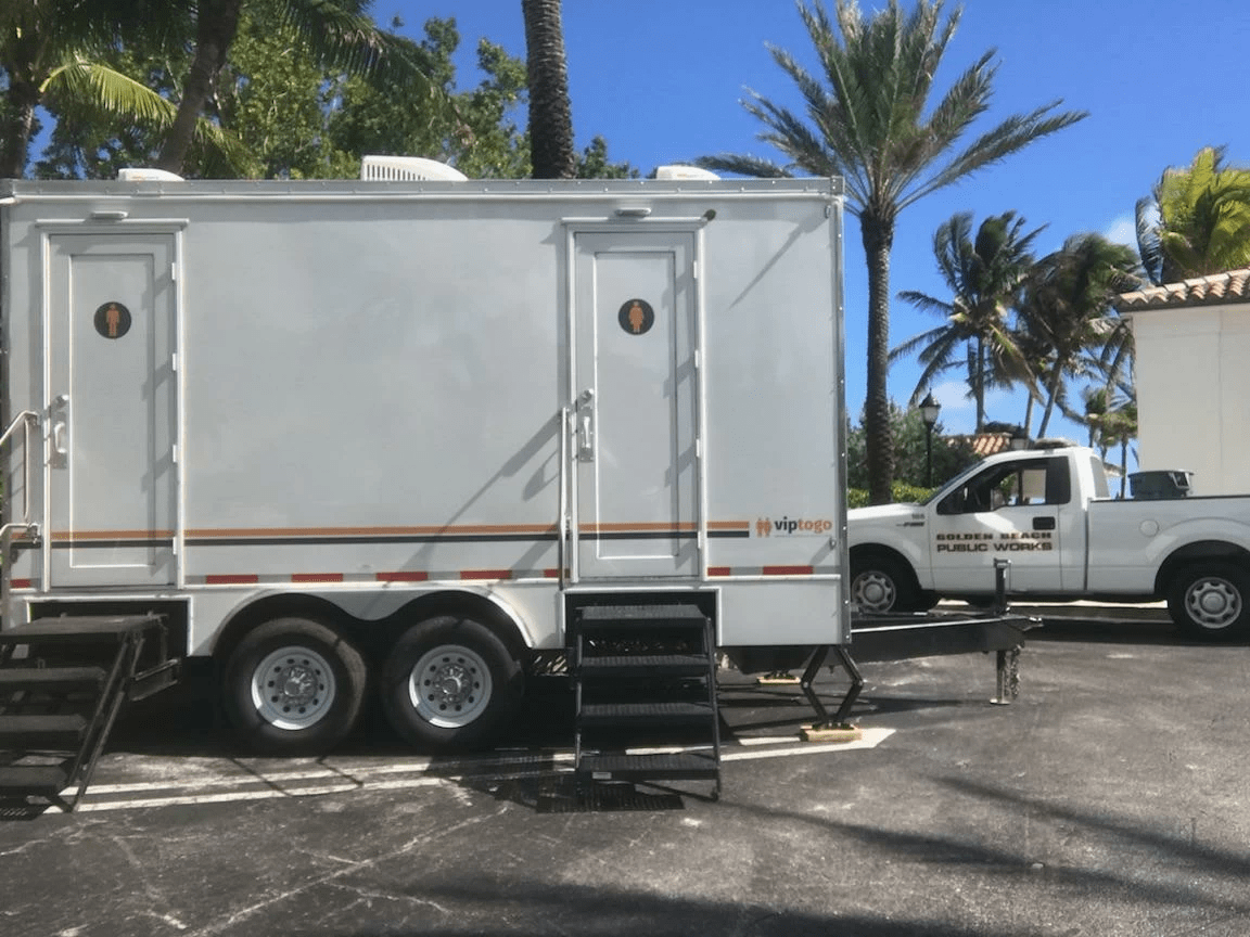 restroom rental trailer features luxury amenities for events