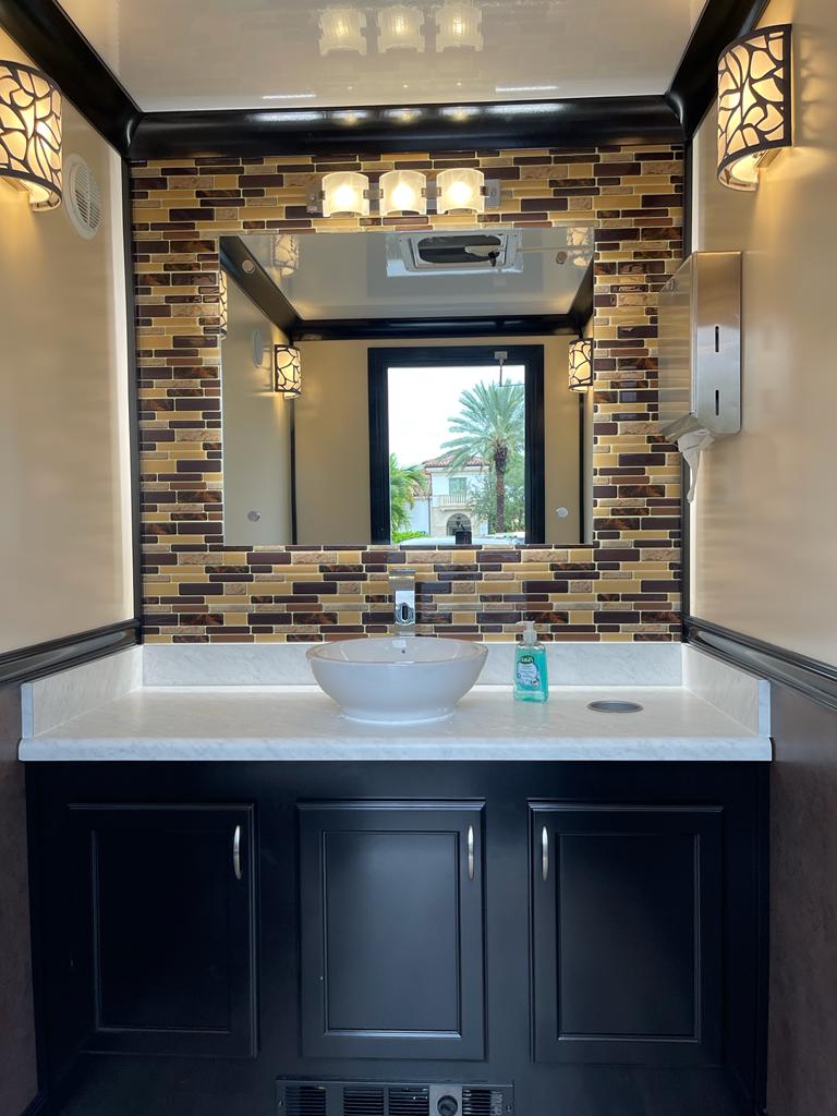 Inside a luxurious restroom trailer in Hollywood, Florida